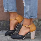 Женская обувь, туфли-лодочки, сандалии, летняя обувь на высоком квадратном каблуке; Кожаная обувь с Т-образным ремешком с пряжкой круглый носок; Босоножки в стиле ретро размера плюс осень на каблуке 8 см