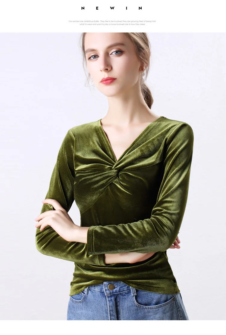 Сексуальный крест-накрест v-образным вырезом бархатные женские Blusas осень зима сексуальные велюровые рубашки Blusas Тонкий Топ Блузка Femme футболки со складками