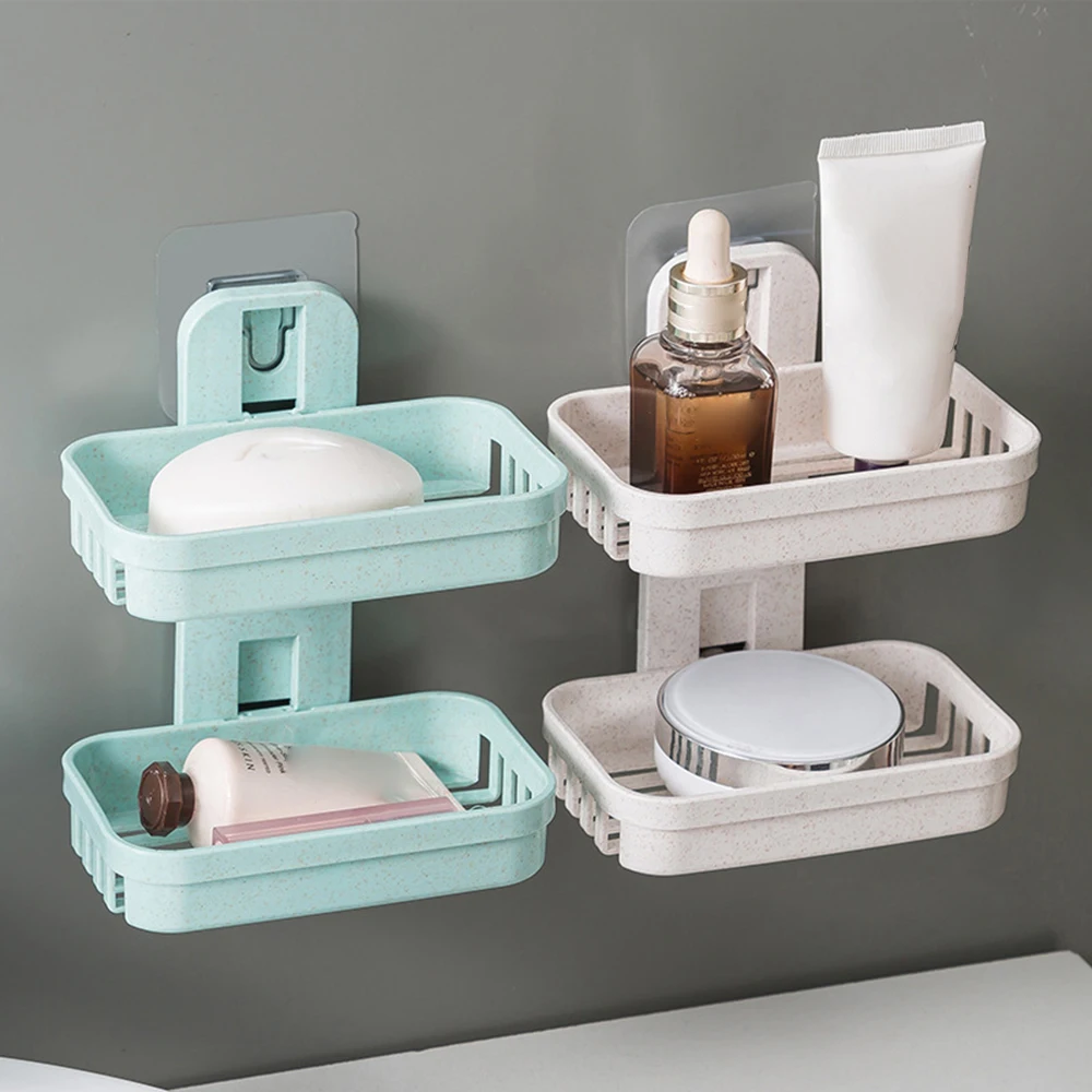 

1Pcs Double Layers Soap Box Kitchen Tools Bathroom Accessories Soap Dish Suction Holder Storage Basket Soap Box Stand Wall