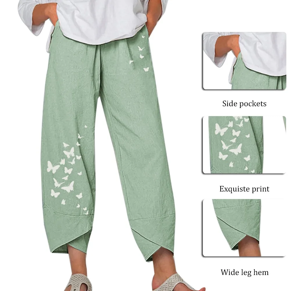 

Adisputent Vintage Linen Pants Women Summer Casual Pants Print Elastic Waist Wide Leg Pants Female Loose Trousers Plus Size