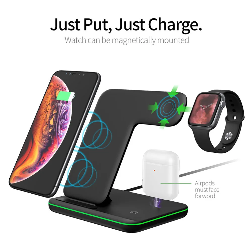 3 в 1 QI Беспроводное зарядное устройство Подставка для iPhone 8 X XS 11 12 XR Apple Watch 6 5 iwatch