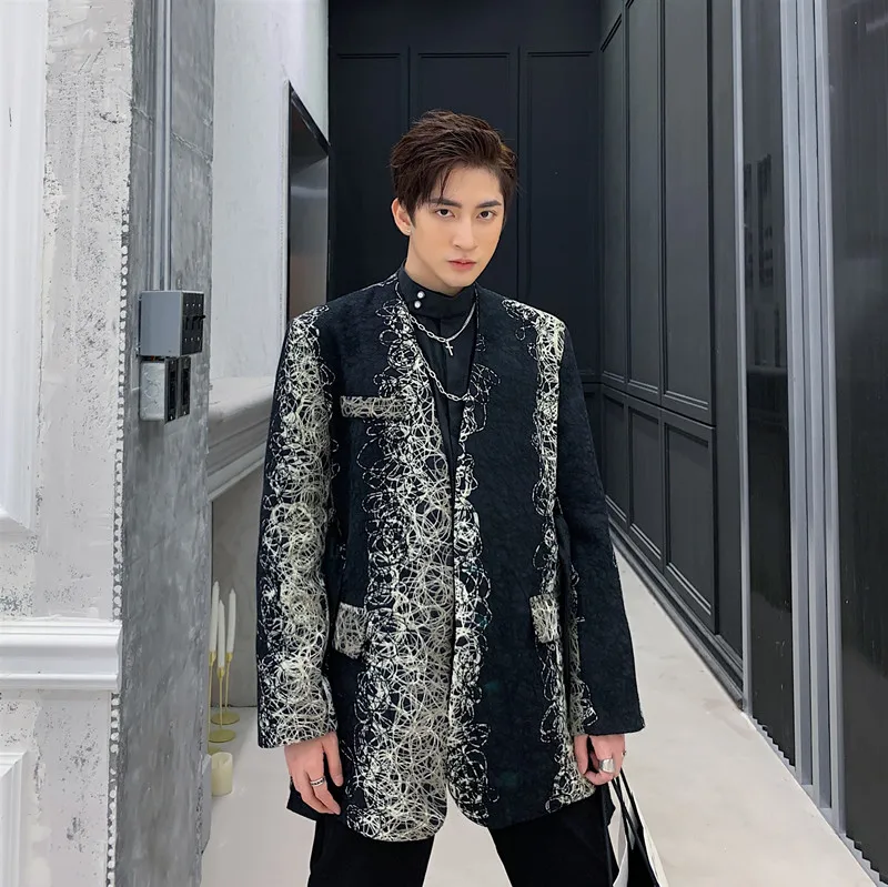 Мужской шерстяной пиджак без пуговиц и пояса повседневный в винтажном стиле