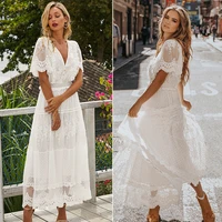hollow out white dress sexy women long lace dress cross semi sheer plunge v neck short sleeve lace maxi dress