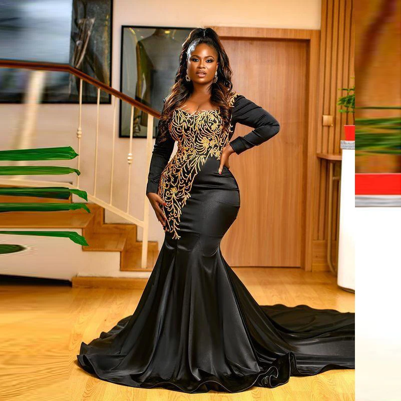 

Aso Ebi Black Mermaid Evening Dresses Gold Lace Appliques Plus SizeProm Dress With Long Sleeves African Party Gowns Scoop