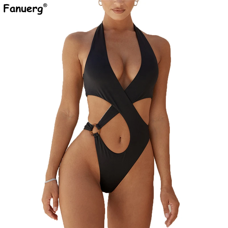 

Fanuerg Women Halter Cutout High Cut One Piece Swimsuit 2021 Ladies Sexy Criss Cross Front Monokini Swimwear Thong Bathing Suit