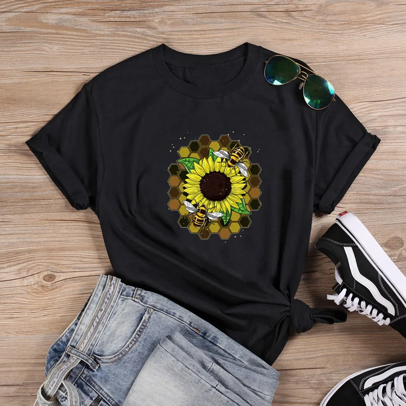 

Sunflower Shirt Funny T Shirt Women O-neck Short Sleeve Tshirt Women Black Casual Tee Shirt Femme Tshirts Cotton Women