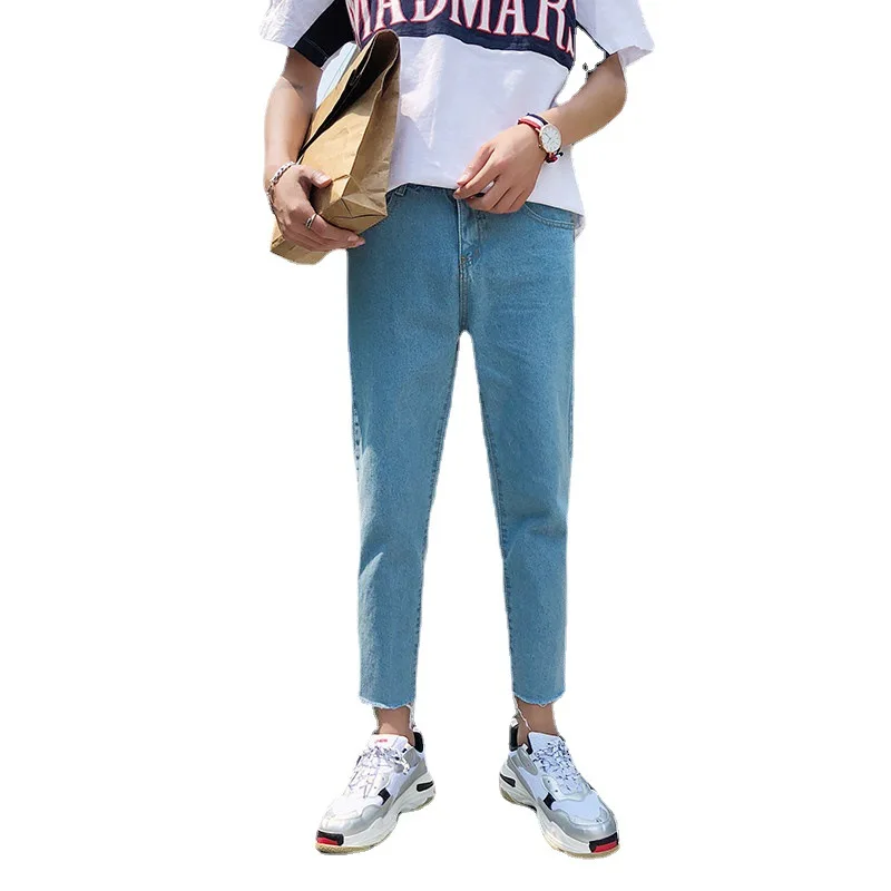 

Summer Loose Thin Straight Jeans Boys All-Matching Korean Style Fashion Pants Men's Raw Hem Wide Legs Cropped Pants
