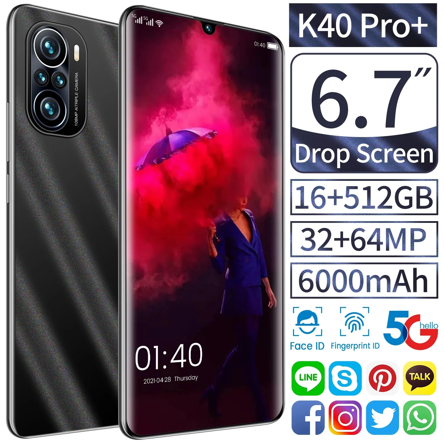 

K40 Pro Smartphone Android 11 Global Version MTK6889 Deca Core 5G 6.7 Inch Drop Screen 16+512GB 6000mAh Mobile Phone