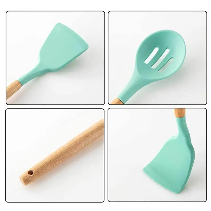Мятно зеленого цвета кухонная утварь с антипригарным покрытием деревянной