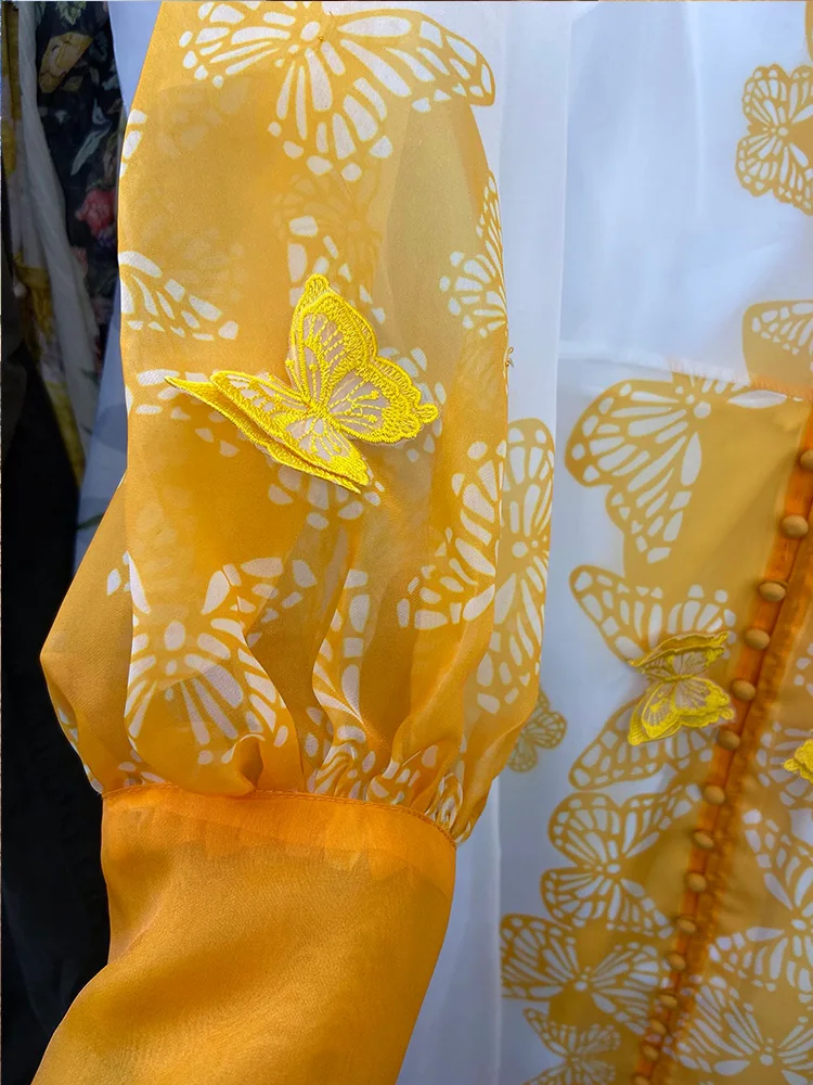 

Heavy craftsmanship, positioning printing, butterfly pattern, V-neck, straps, loose and hem, dress, women's spring new style
