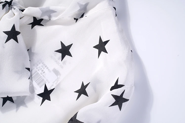 

Women's 100% Mulberry Silk Shirt Top Blouse white stars Tie Bow Neck Tunic size L XL JN184