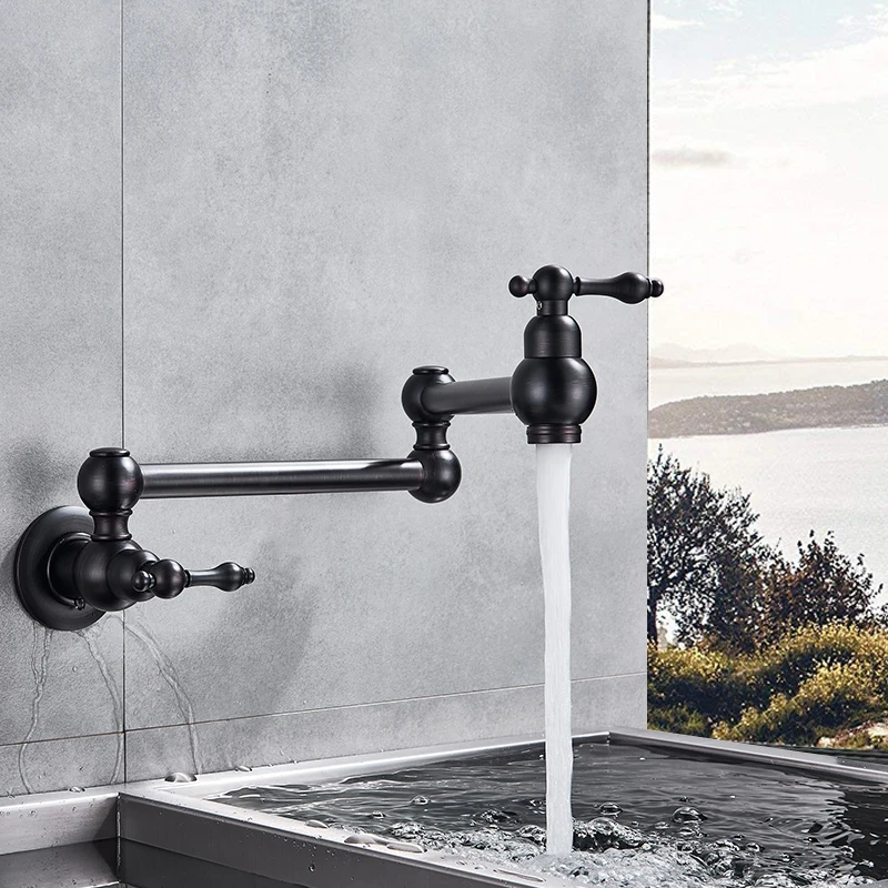 

Vidric Bronze Black Nickel Pot Filler Double Joint Spout Folding Stretchable Swing Arm Wall Mounted Brass Kitchen Faucet Tap