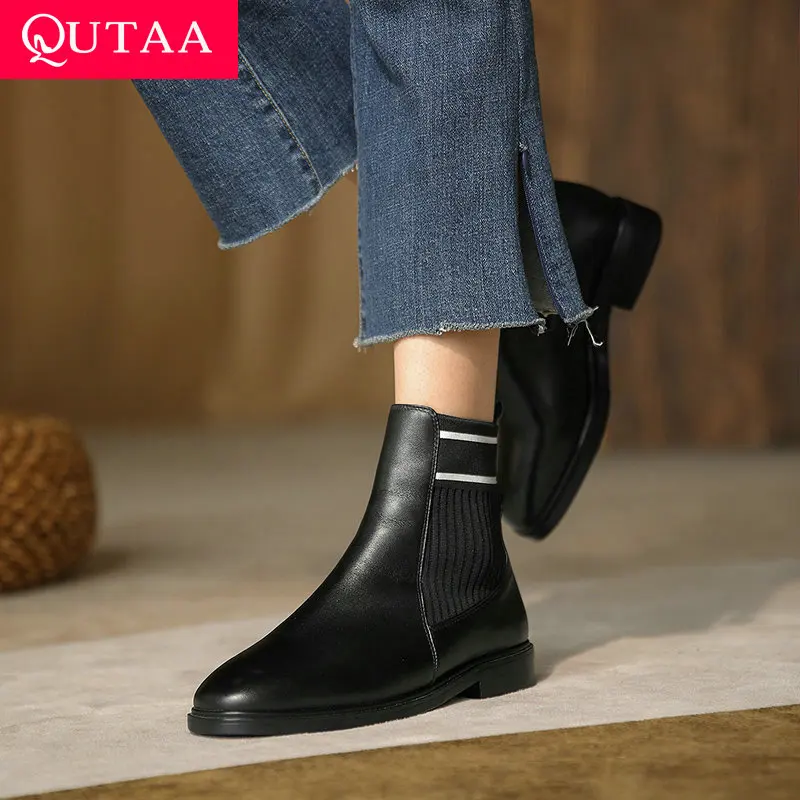 

QUTAA 2022 Women Ankle Boots Genuine Leather Women Shoes Platform Square Low Heel Winter Shoes Women Boots Big Size 34-42