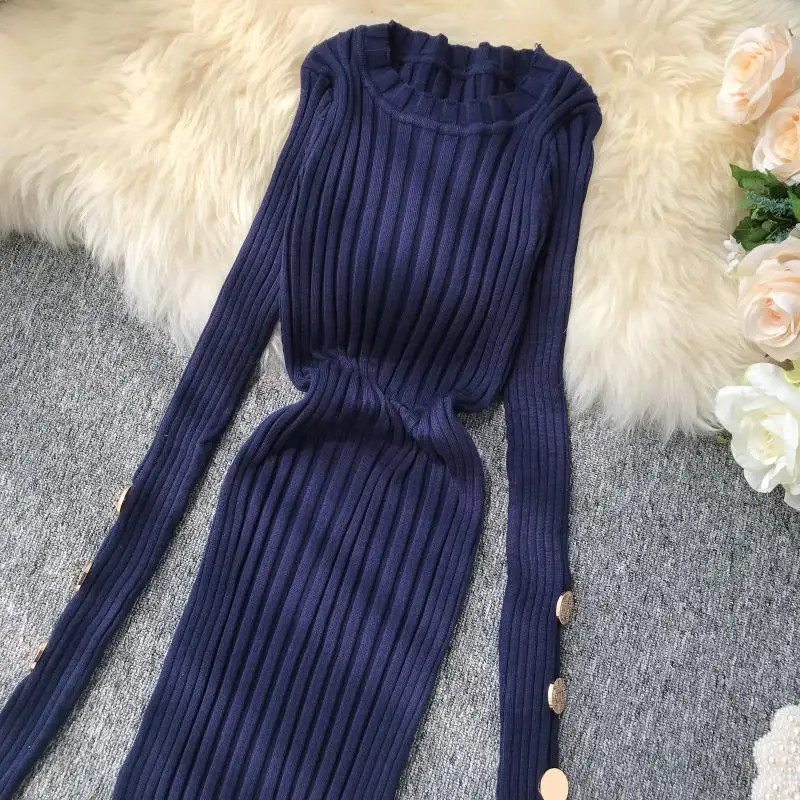ALPHALMODA французское платье Популярные пуговицы рукав пуловеры туника платье вязаный свитер платье сплошное v-образным вырезом сексуальное платье шаг