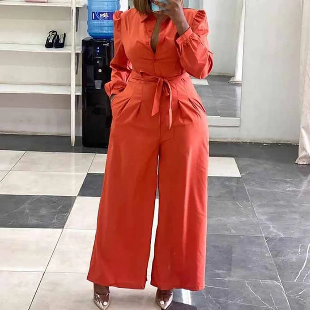 

Women Long Jumpsuit 2022 Summer Elegant Solid Lapel Long Sleeve Lady African Female Overalls One Piece Office Jumpsuits Spring