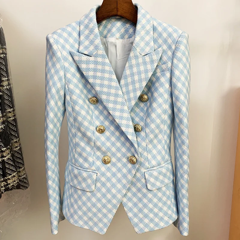 

Chaqueta a cuadros azul para mujer, chaqueta informal con doble botonadura, hebilla de León, traje tejido a cuadros, moda 2021