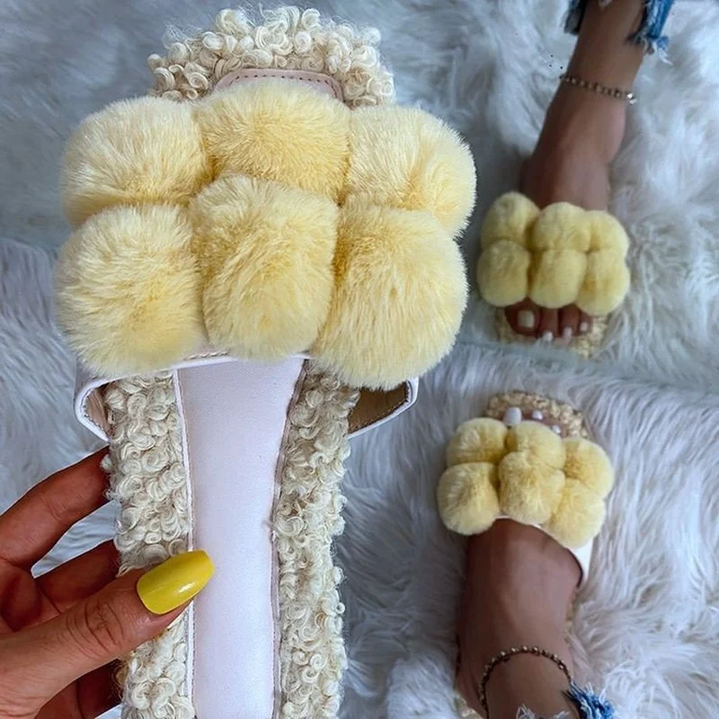 

2021 New Comfortable Women Fur Slides Fuzzy Home Slippers Flat Soft Comfortable Colored Balls Flip Flops Autumn Female Shoes Hot
