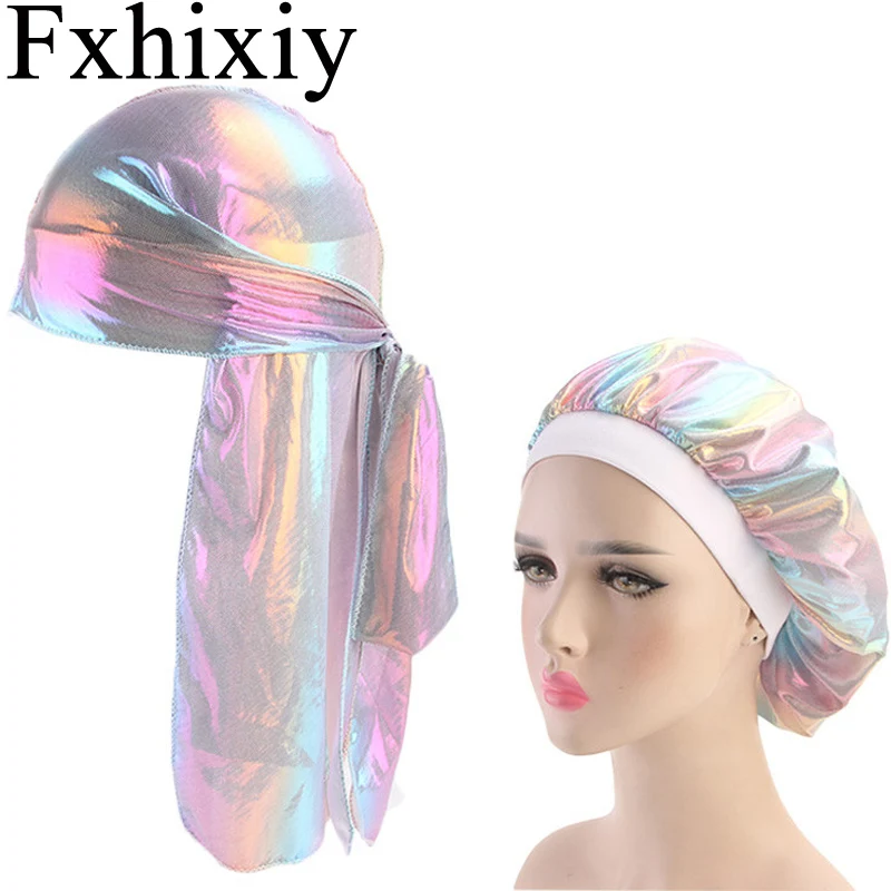 

2pcs sets Men's Sparkly Silk Laser Durag Bandana Headwear Colorful Wide Doo Rag Bonnet Cap Comfortable Sleeping Hat