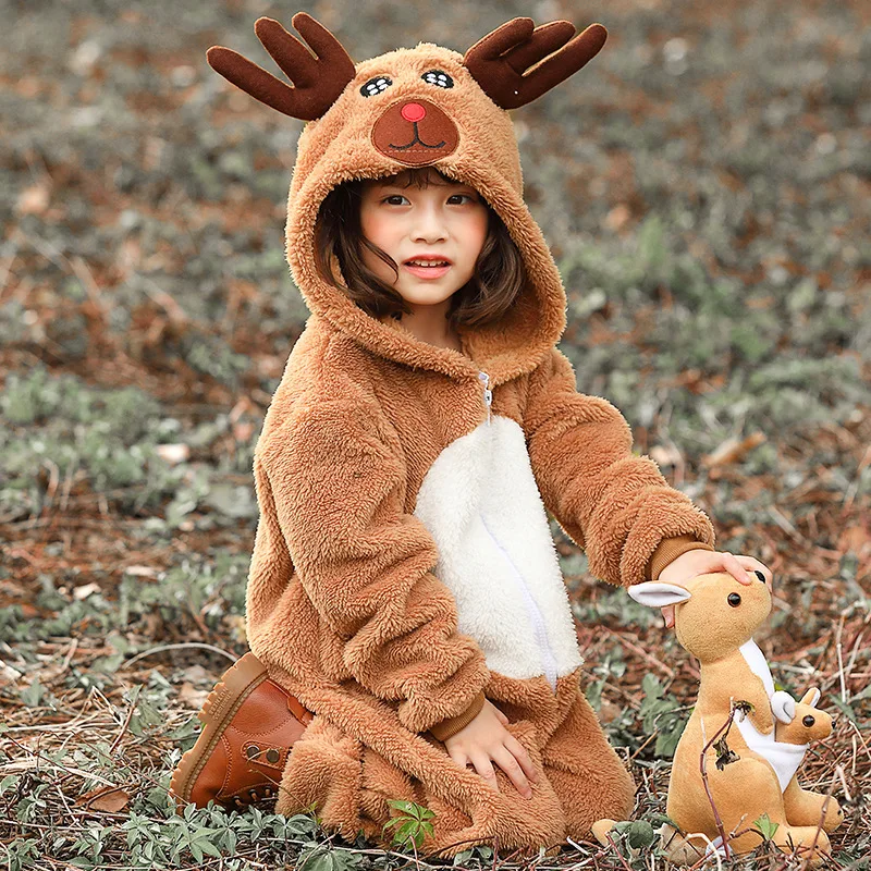 

Children Cosplay Animal Elk Fawn Onesies Pajama Coral Fleece Jumpsuit Interesting Christmas Gift Parent-Child Costume