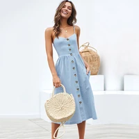 vintage dress 2021 summer sling single breasted solid color pattern loose a line skirt sleeveless v neck home leisure shopping