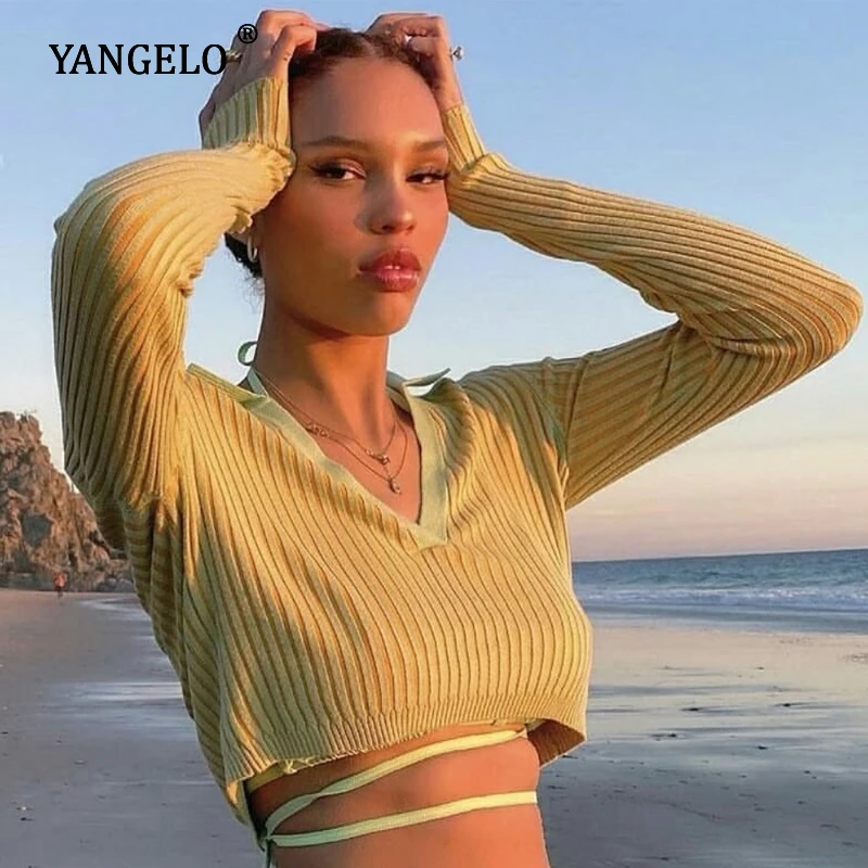 

Уличный сексуальный однотонный полосатый короткий вязаный свитер Yangelo, женский осенне-зимний Повседневный плотный пуловер с длинным рукав...