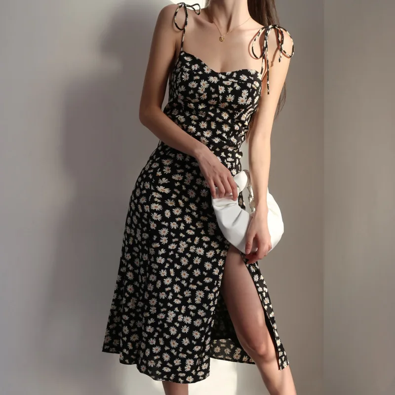 

Sexy Side Split Floral Print Women Dress Summer Sleeveless Slim High Waist Spaghetti Strap Dress Vintage Holiday Midi Dress 2021