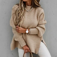 women elegant solid ribbed knit sweater fashion o neck lantern long sleeve pullover tops ladies winter casual loose slit jumper