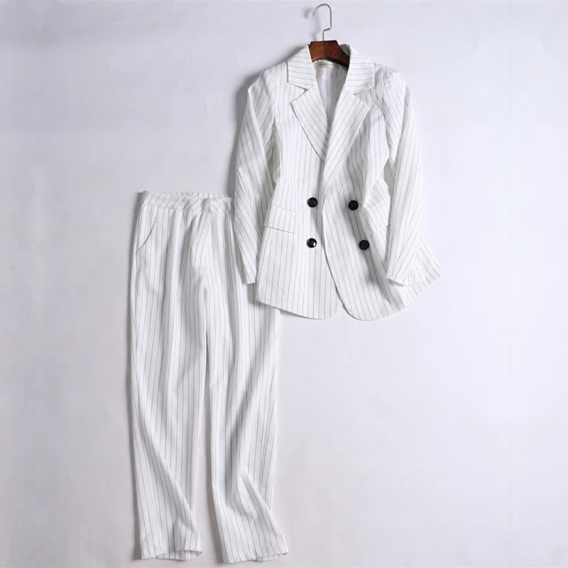 

New Women's 2 Piece Office Lady Elegant Trouserses Suits Outfit Casual Stripe Slim Fit Double Breasted Blazer Jacket Long Pants