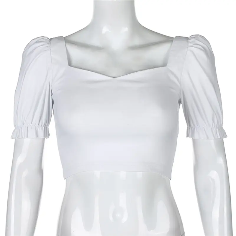 

Top crop top Trend Women Solid Color Crop Top Short Puff Sleeves V Collar Pullover Vintage Style T-shirts Summer Fitting Tees