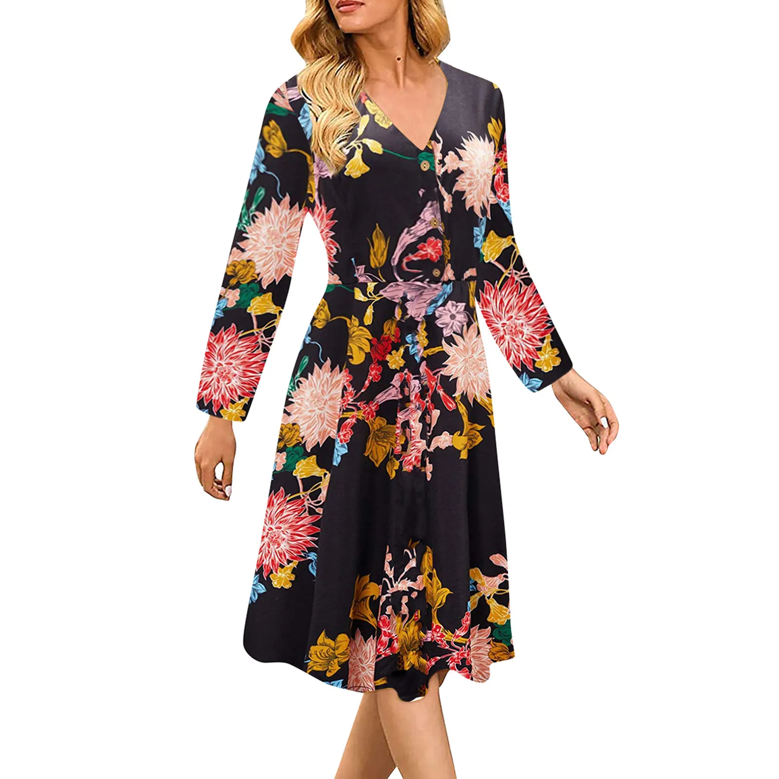 

Womens Plus Size Dress Fashion V- Neck Long Sleeve Floral Print Casual Knee-length Summer Casual Dress Sukienki Damskie Платье