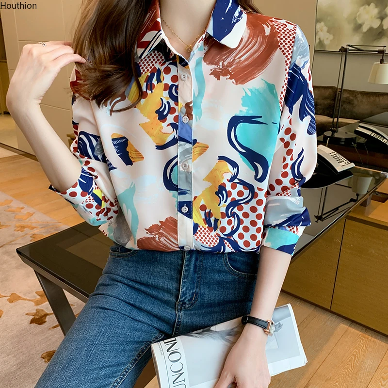 

Блузка женская шифоновая с длинным рукавом, модная повседневная рубашка-поло со сращением, с принтом, свободного покроя, лето-осень
