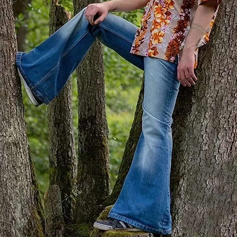 Autumn Mens Big Flare Jeans Fashion Stretch Mid Waist Bootcut Leg Denim Pants Man Vintage Bell Bottom Pantalones Hombre | Мужская одежда