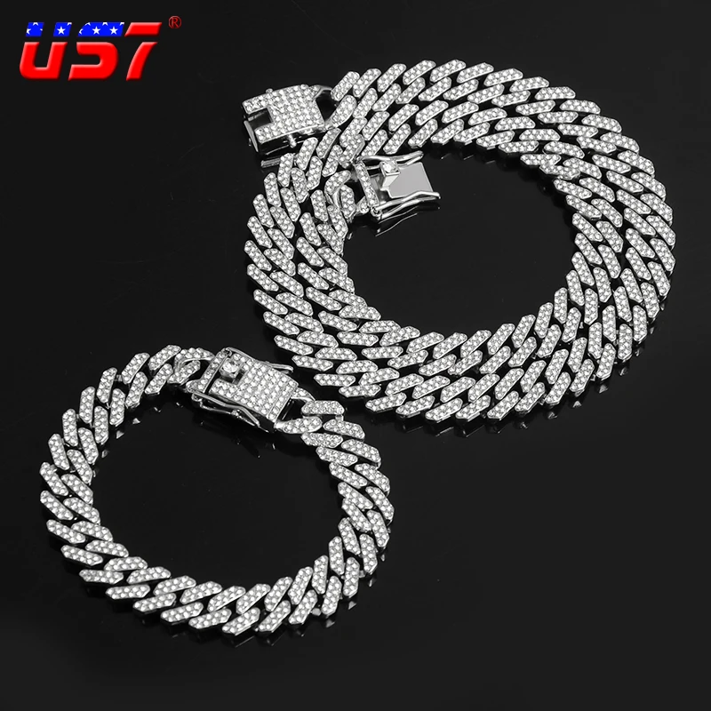 

US7 12MM Miami Prong Cuban Chain Full Iced Out Crystal Rhinestones Bling Set of Bracelet&Necklace For Men&Women Hip Hop Jewelry