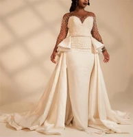 2020 long sleeves plus size mermaid wedding dresses with over skirt pearls beaded illusion african bridal gowns custom vestidos