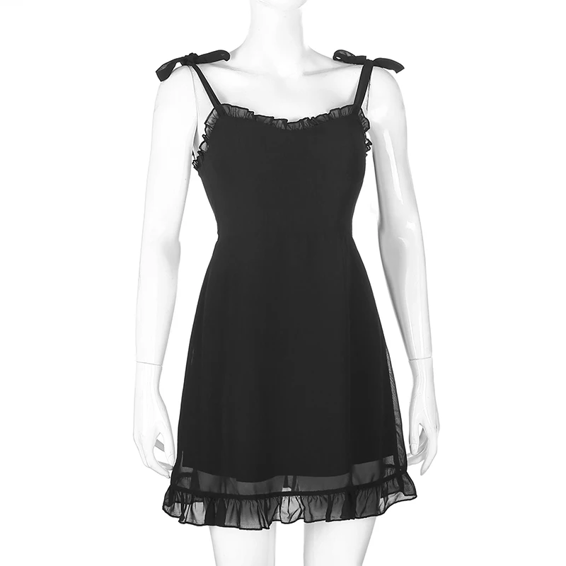 Girlfairy Gothic Dark Ruffles Mesh Dress Aesthetic Solid Black Dresses