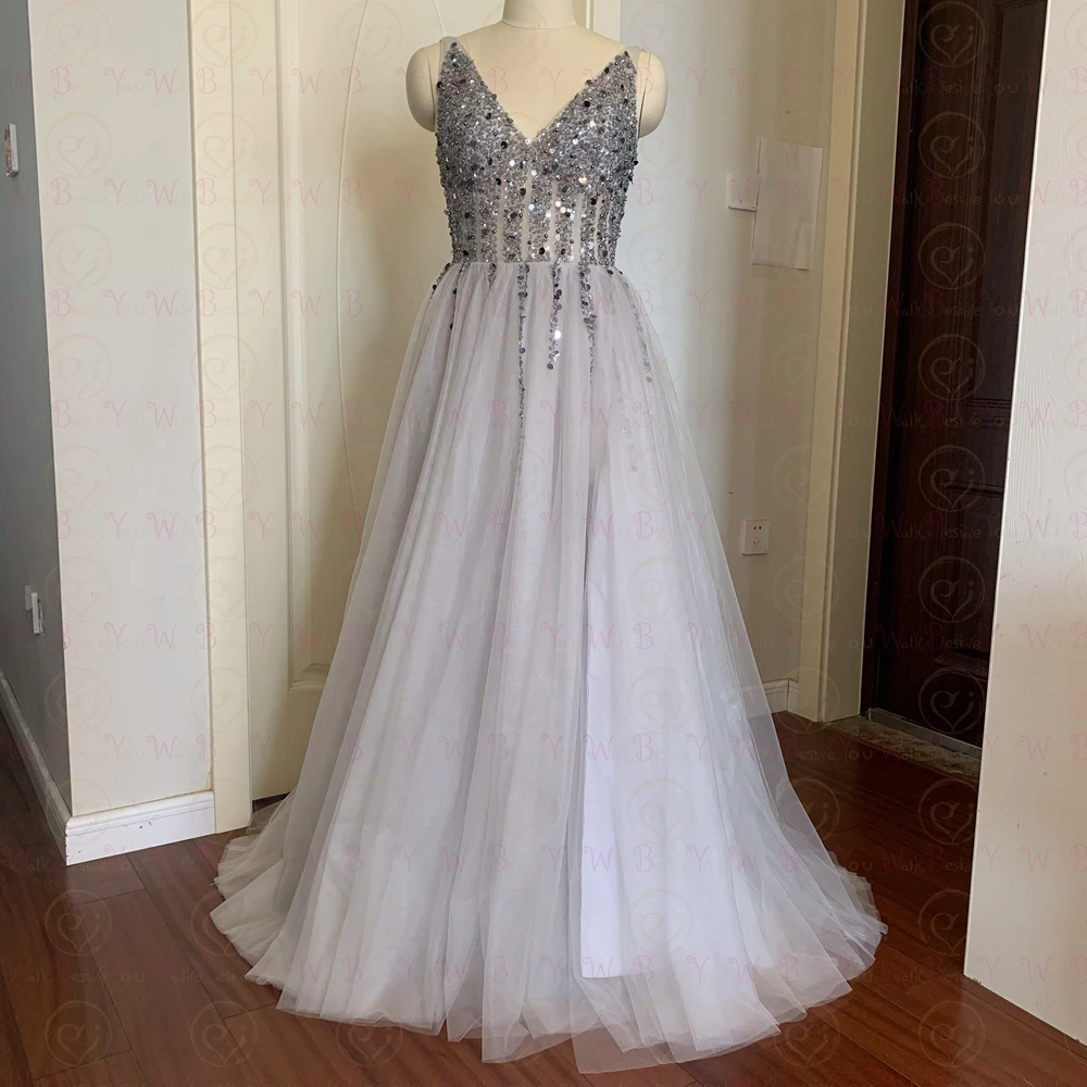 High Split Sexy V Neck Beading Sequins Prom Dresses 2021 Women vestidos de fiesta Formal Party Backless gala jurken Evening Gown | Свадьбы и