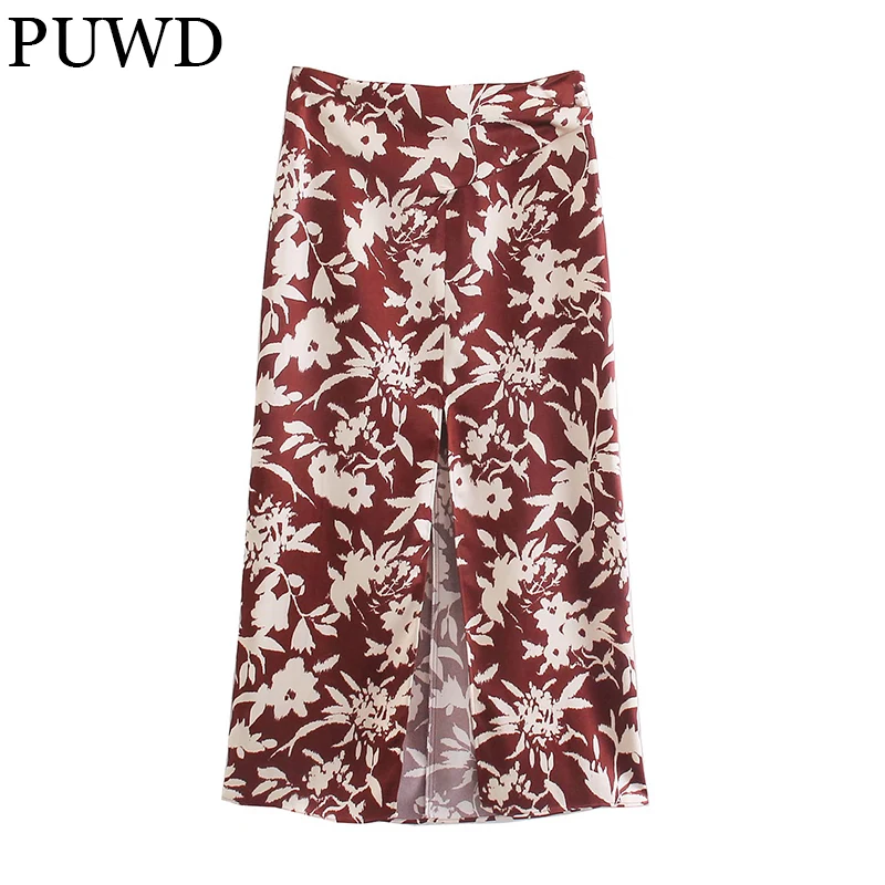 

Элегантное женское платье PUWD с цветочным принтом, осень 2021, модные женские красные платья с разрезом и высокой талией, женское шикарное улич...