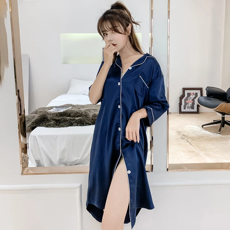 CAIYIER Solid Red Silk Night Dress Winter Long Sleeve Women Sleepshirts Sexy Loose Turn-down Collar Large Size Homewear M-3XL