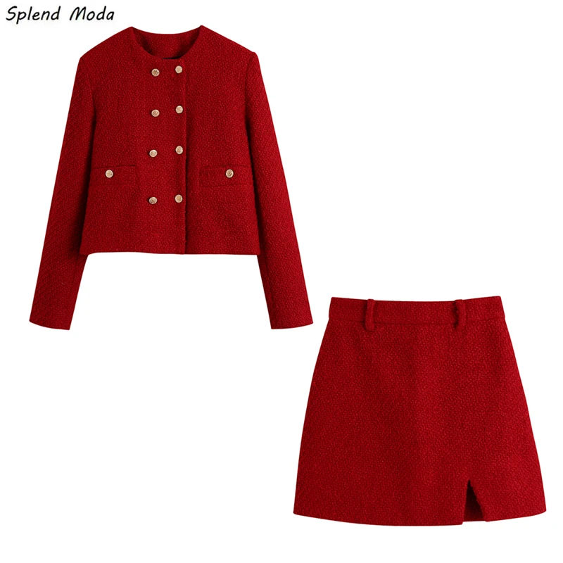 

Splend Moda Autumn Fashion England Style Elegant Office Lady Solid Color Double-Breasted Blazer + High-Waist Mini Skirt Women