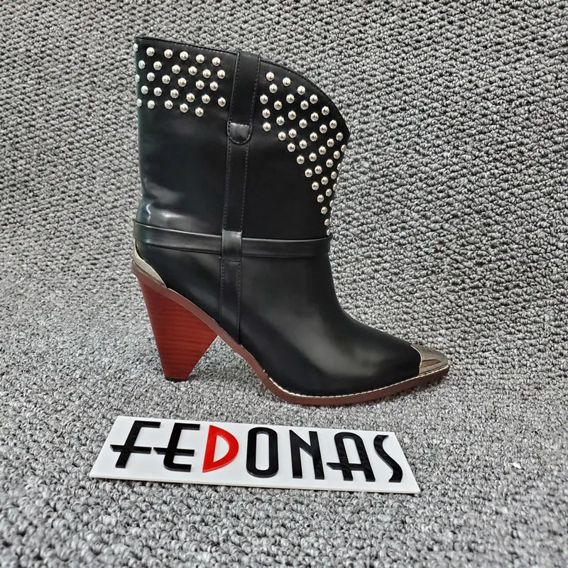 Женские мотоциклетные ботинки FEDONAS черные до середины икры из натуральной кожи с