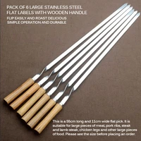 hot sale bbq skewer stainless steel shish kebab bbq fork set long flat wood handle barbecue needle meat grill outdoor tools 6pcs