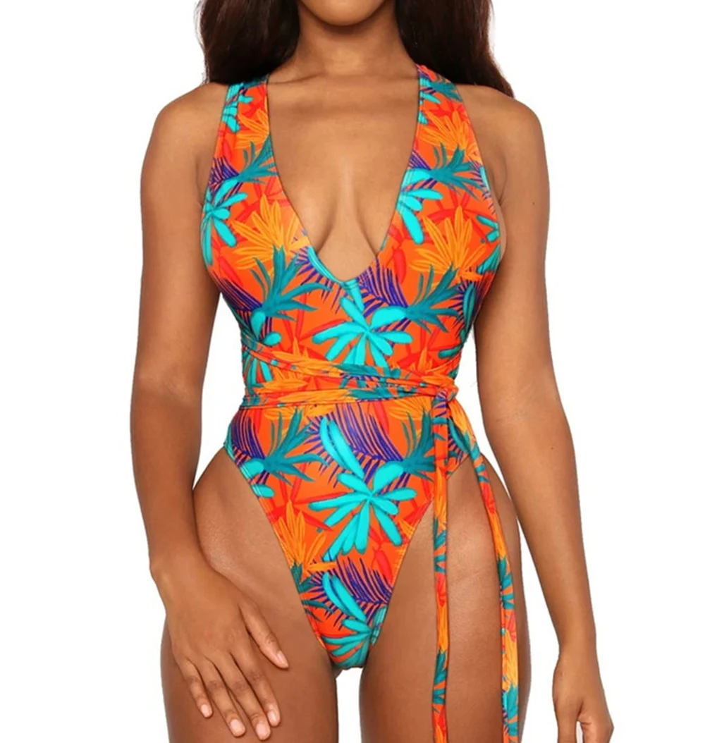 Купальники женские змеиные слитные с глубоким V-образным вырезом и поясом 2020 |