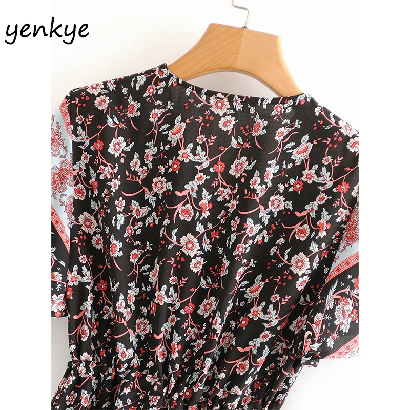 

Vintage Floral Print Dress Women Drawstring Waist V Neck Short Sleeve Dress Lady A-line Mini Casual Summer Beach Dress DJF8652