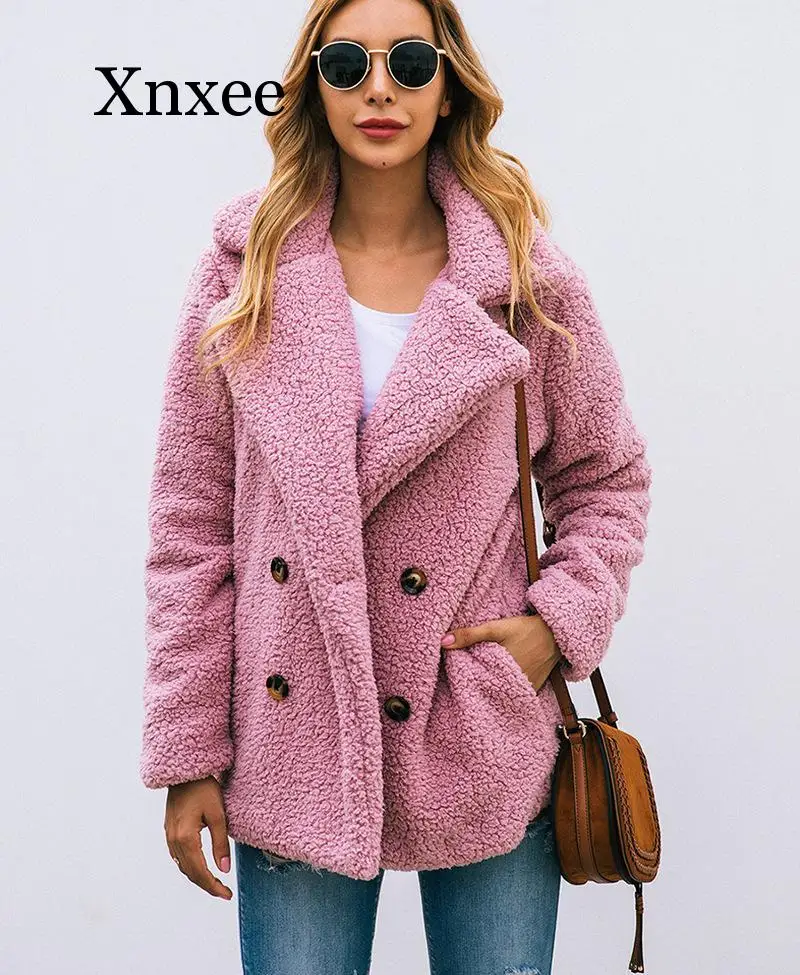 wool Fox fur autumn winter double-breasted women's fur coat turndown-collar loose plush coat women teddy jacket sheepskin coat