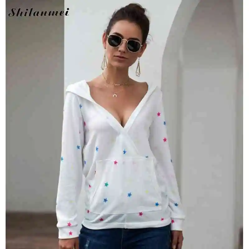 

Star Pattern Sweatshirts Tops Autumn Preppy Style Casual Patchwork Fashion Hoodies Women Long Sleeve Hooded Pockets Hooded 2019