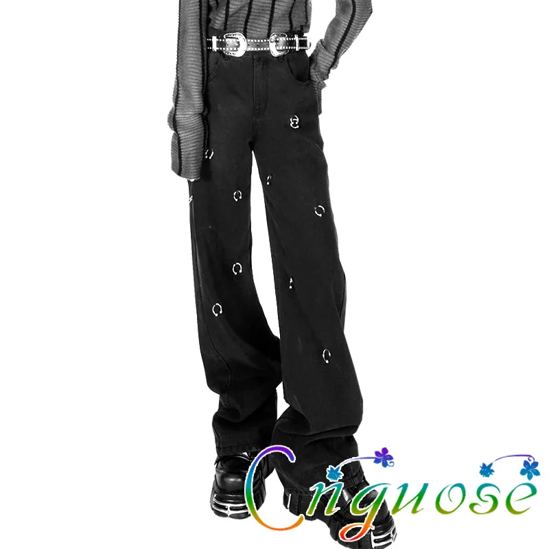 2021 Female Metal Ring Personality Design Punk Style Black Jeans Streetwear Straight-leg Wide Pants Trousers for Women