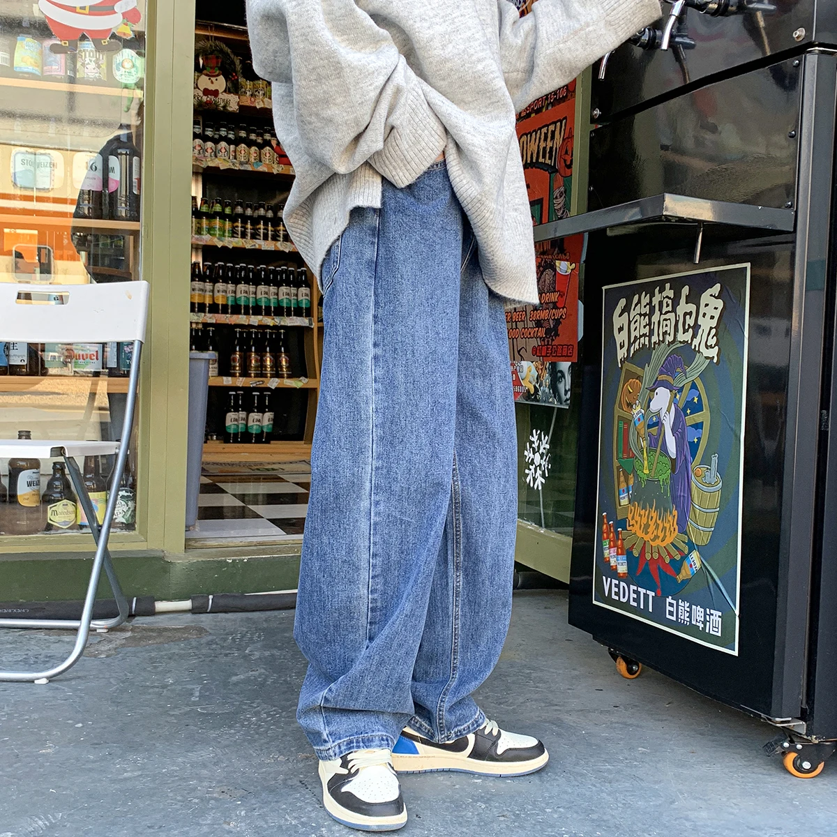 

Простые однотонные брюки в Корейском стиле, мужские джинсы Хай-стрит, модные Свободные повседневные джинсовые брюки, нейтральные прямые дж...