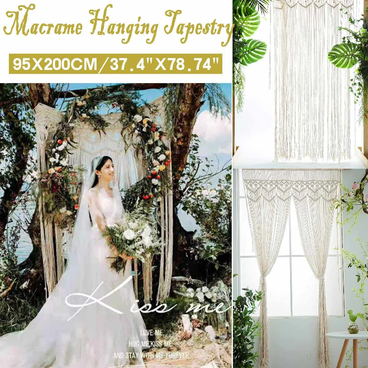 

Macrame Tapestry Cotton Woven Handwoven Bohemian Tapestry for Room Divider Window Door Curtains Wedding Background 95x200cm
