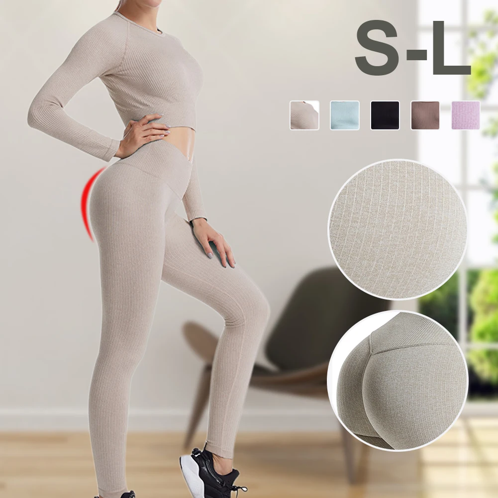 

Women 2 Piece Workout Sets Seamless Long Sleeve Top High Waist Leggings Ribbed Yoga Set Outfits Gym Fitness Activewear Tracksuit