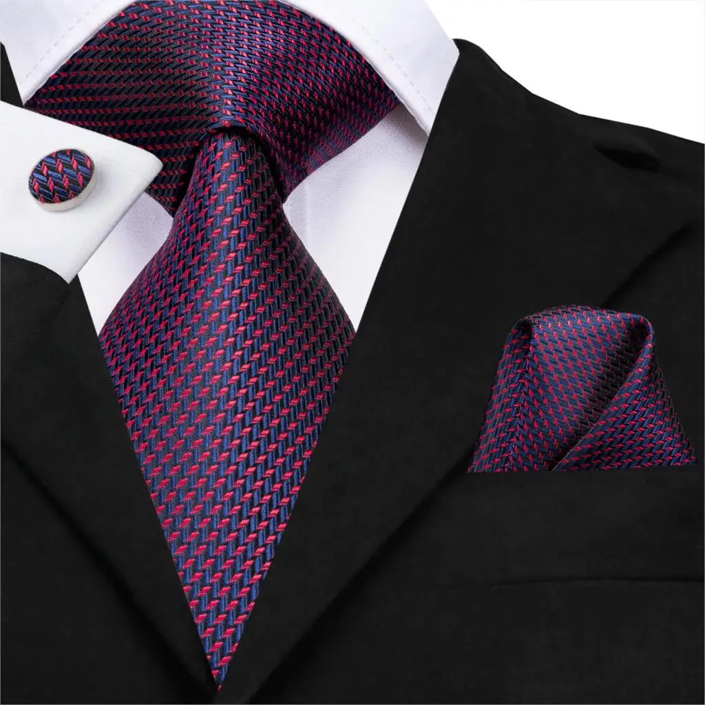Men Blue Ties Plaid Silk Woven Necktie Checked Neck Tie Hanky Cufflinks Set Ties Gift for Wedding Party Business Hi-Tie C-3525 - Color: C-3123